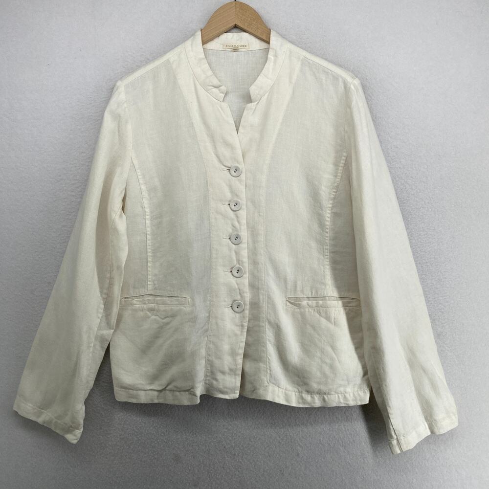 EILEEN FISHER Jacket L Linen Canvas Suit Blazer Button Front Off White
